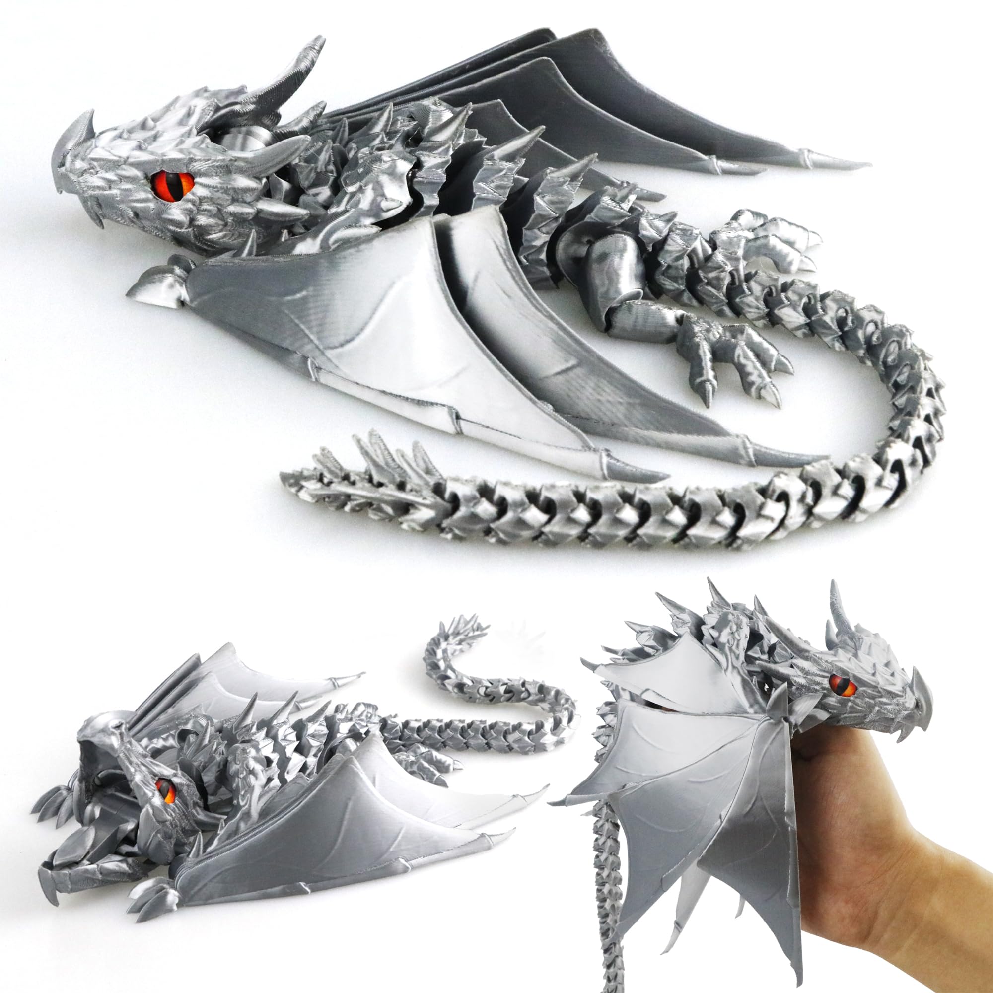 3D Printed Dragon with Wings, Fidget Dragon Toys, 3D Printed Animals, Flexible Articulated Winged Crystal Dragon Model,Home Office Decor Desktop Pet(Silk white