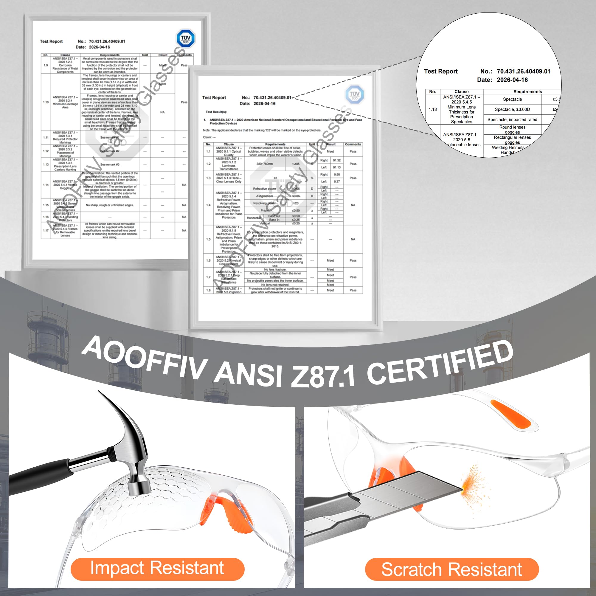 Anteojos de seguridad antivaho para hombres y mujeres, ANSI Z87.1 anteojos de protección ocular con puente nasal suave y puntas de sien
