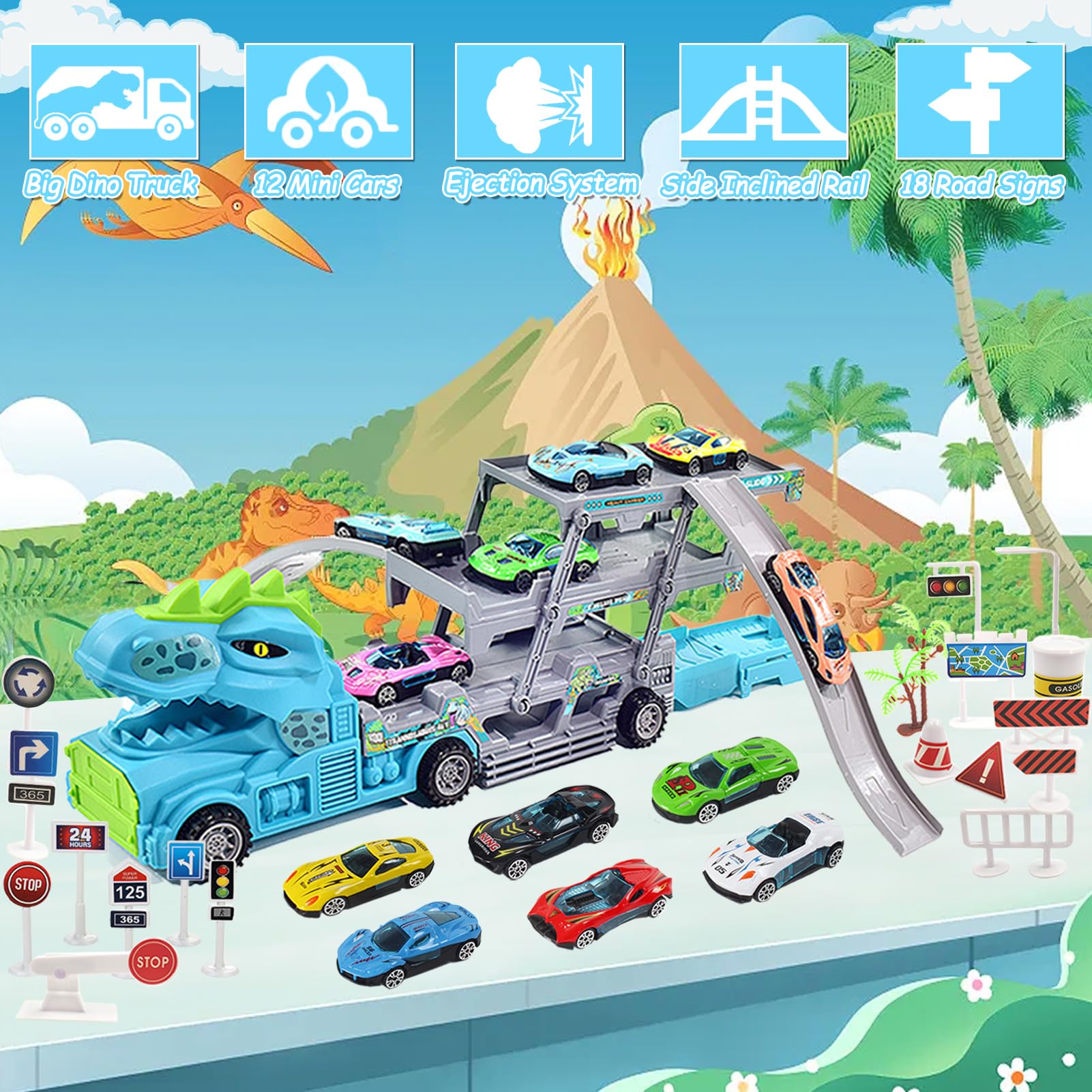 TEUVO Dinosauri Camion Giocattolo per Bambini 3 4 5 6 7 Anni, Dino Camion Pista Garage Macchinine con 12 Auto Cars Macchine & 18 Segnali Stradali, 2 Pista, Dinosauro Regalo Compleanno Natale Maschio