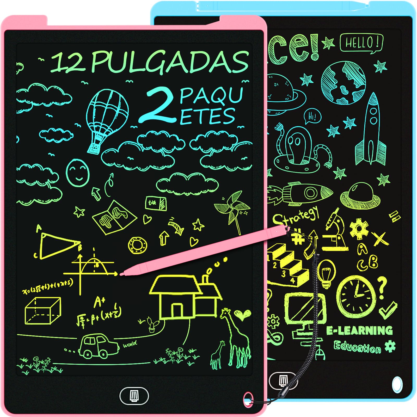 Electight Tablet Escritura LCD 12 Pulgadas 2 Packs Pantalla Colorido Infantil Juguetes Educativo Niños Borrable Bloqueo