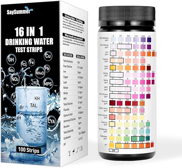 Drinking Water Test Strips, 16 IN 1 Water testing kits for Drinking Water 100pcs Water Test Strips for Well Tap Water Quality Testing for Lead, Chlorine, Hardness, pH, Nitrate,Iron,Copper and More