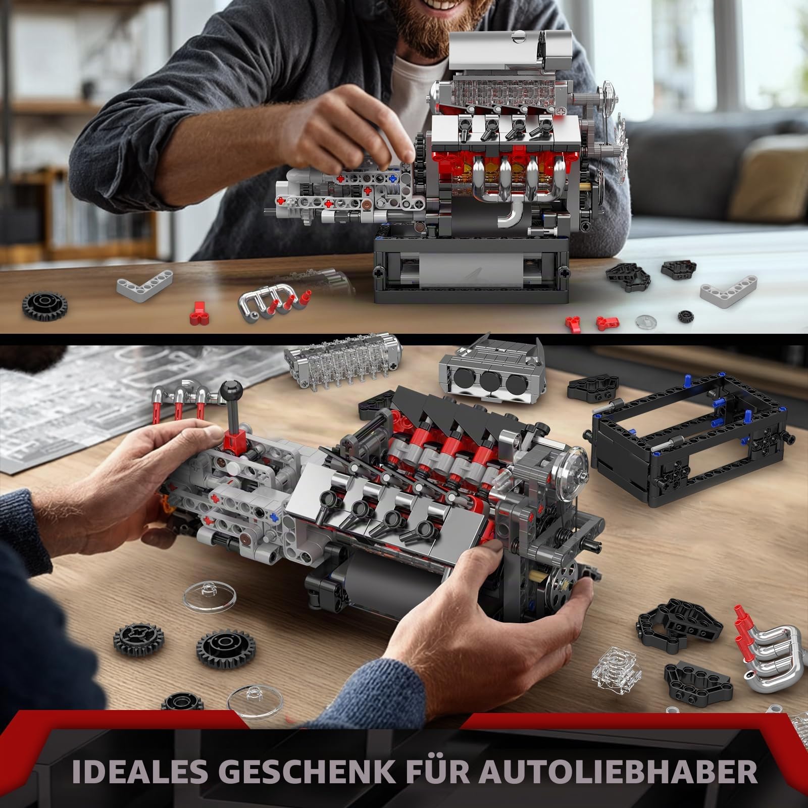 Mould King 10225 Technik V8 Motor und Getriebe Klemmbausteine Bausatz Kit, STEM 855+ Stücke Motormodellblöcke mit Motor, MOC Auto Engine Modell Spielzeug für Jugendliche/Erwachsene Sammlung Liebhaber