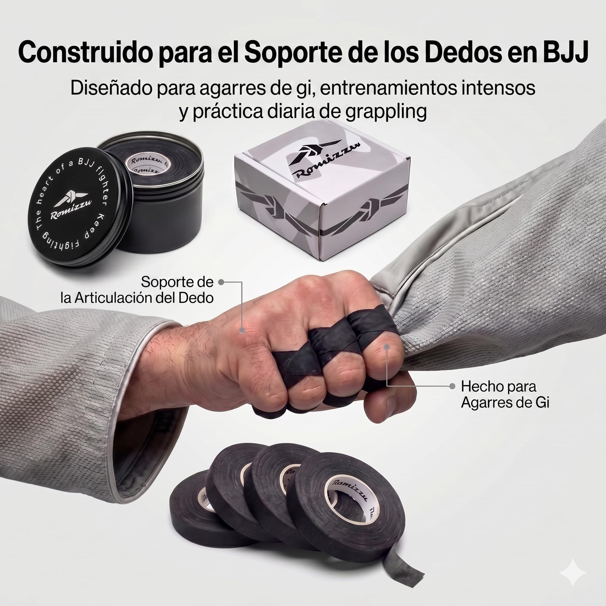 Cinta para Dedos Adhesivo Fuerte Algodón Transpirable y Antideslizante Para BJJ Escalada y Otros Deportes 6 Rollos (8 m × 8 mm) con Estuche Metálico y Caja de Regalo