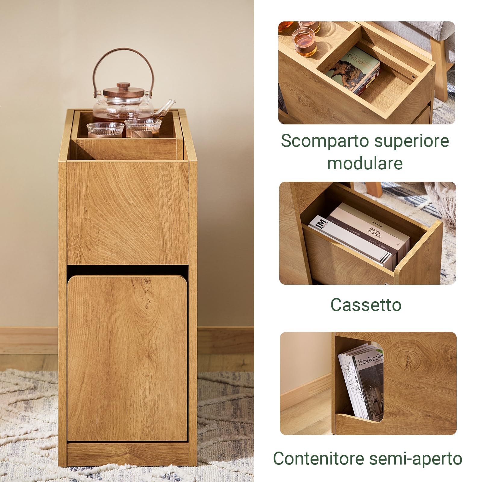 SoBuy Tavolino Stretto con Vassoio Estraibile & Cassetto, Comodino Stretto 25 cm, Mobile Salvaspazio per Soggiorno, Camera da Letto, Naturale, L25 x P70 x H55 cm, FBT158-N