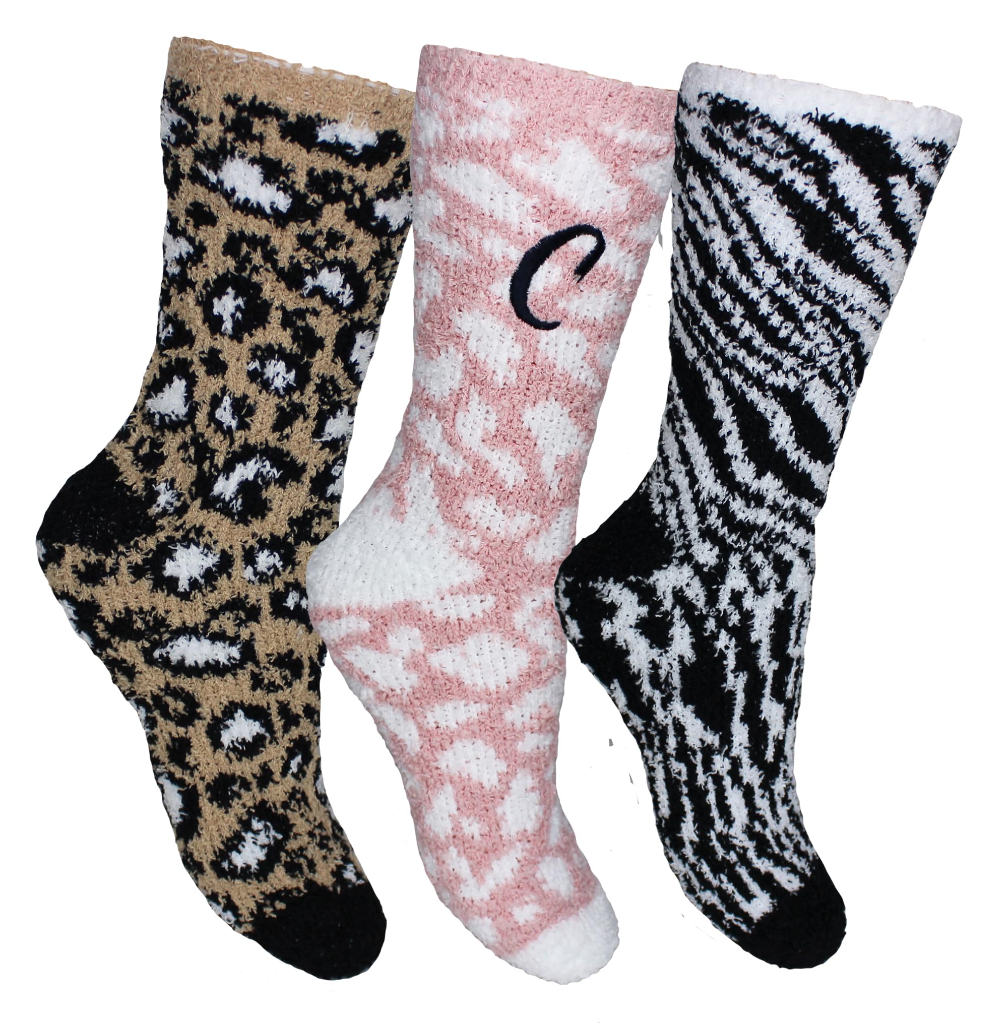 TeddyT's Personalised Animal Leopard Print Assorted Embroidered Initial Ladies Fluffy Gripper Socks (3 Pack)