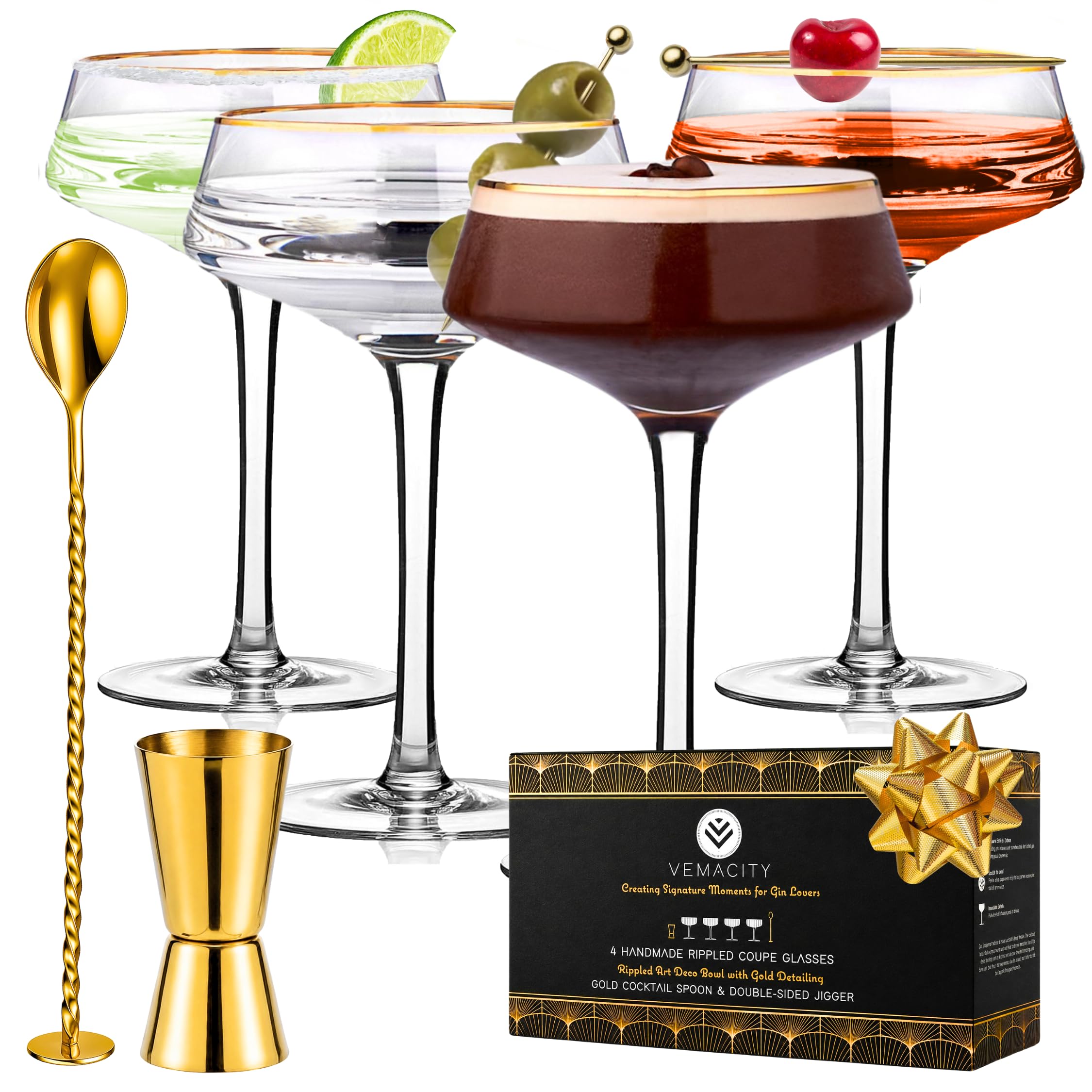 VEMACITY Deluxe Espresso Martini Glasses Set of 4, Bar Tools, Coupe Glasses
