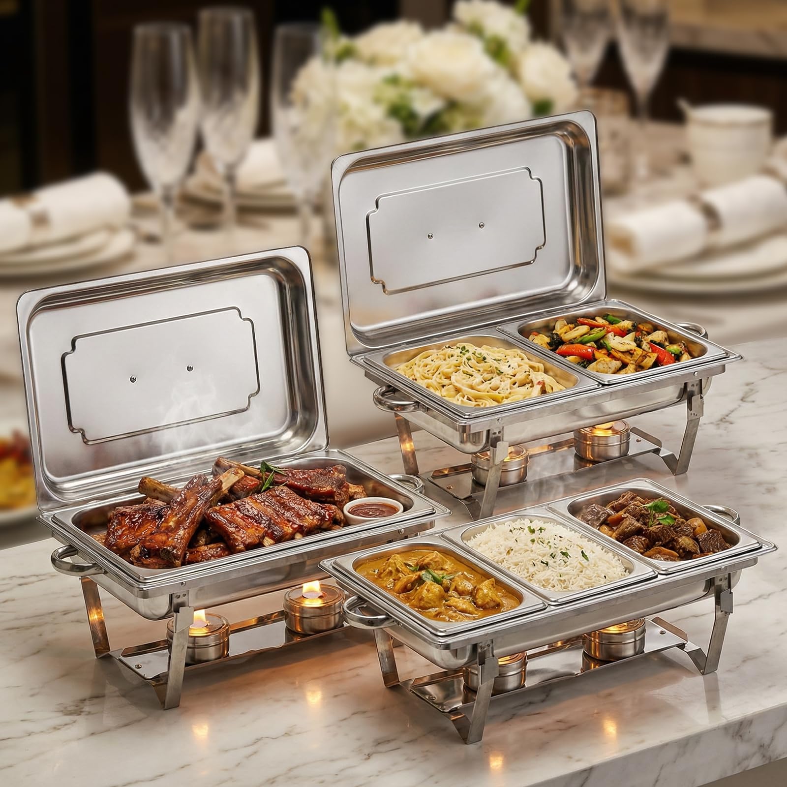Chafing Dishes für Buffet 9 QT 4er Pack 7 Behälter, [Behälter in verschiedenen Größen] Catering-Chafing-Dish mit Deckeln, Behältern und Brennstoffhaltern – Buffet-Wärmer [Robust und langlebig] für Par