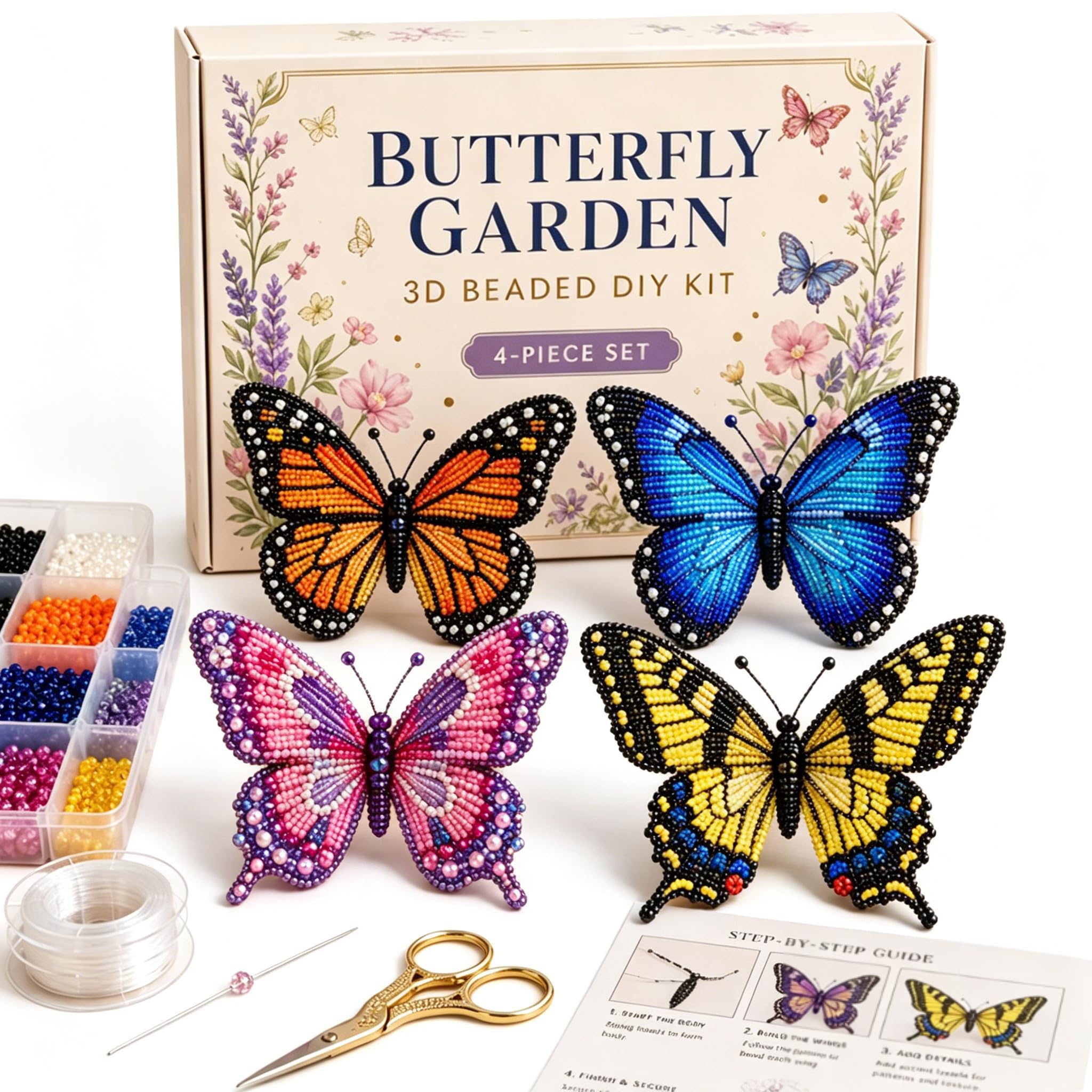 ​3D Beaded Animals, Bead Embroidery Kits, Crafts for Adults, Butterfly Garden 3D Beaded DIY Kit, Creative ABS Bead Set with Instructions, Handmade Art Gift for Teens Beginners