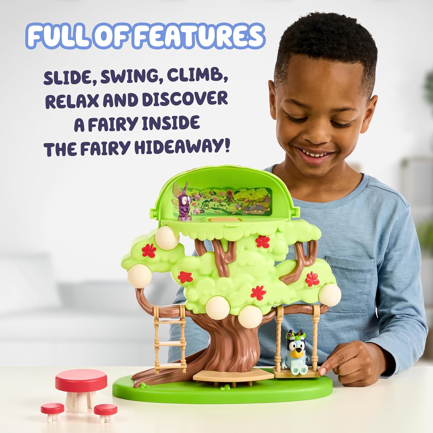 Bluey 2-Sided Treehouse Playset, 11”, Action-Packed Tree Toys Set with 4 Accessories and 2.5” Articulated Figure, Animal Toys for Kids Ages 3+