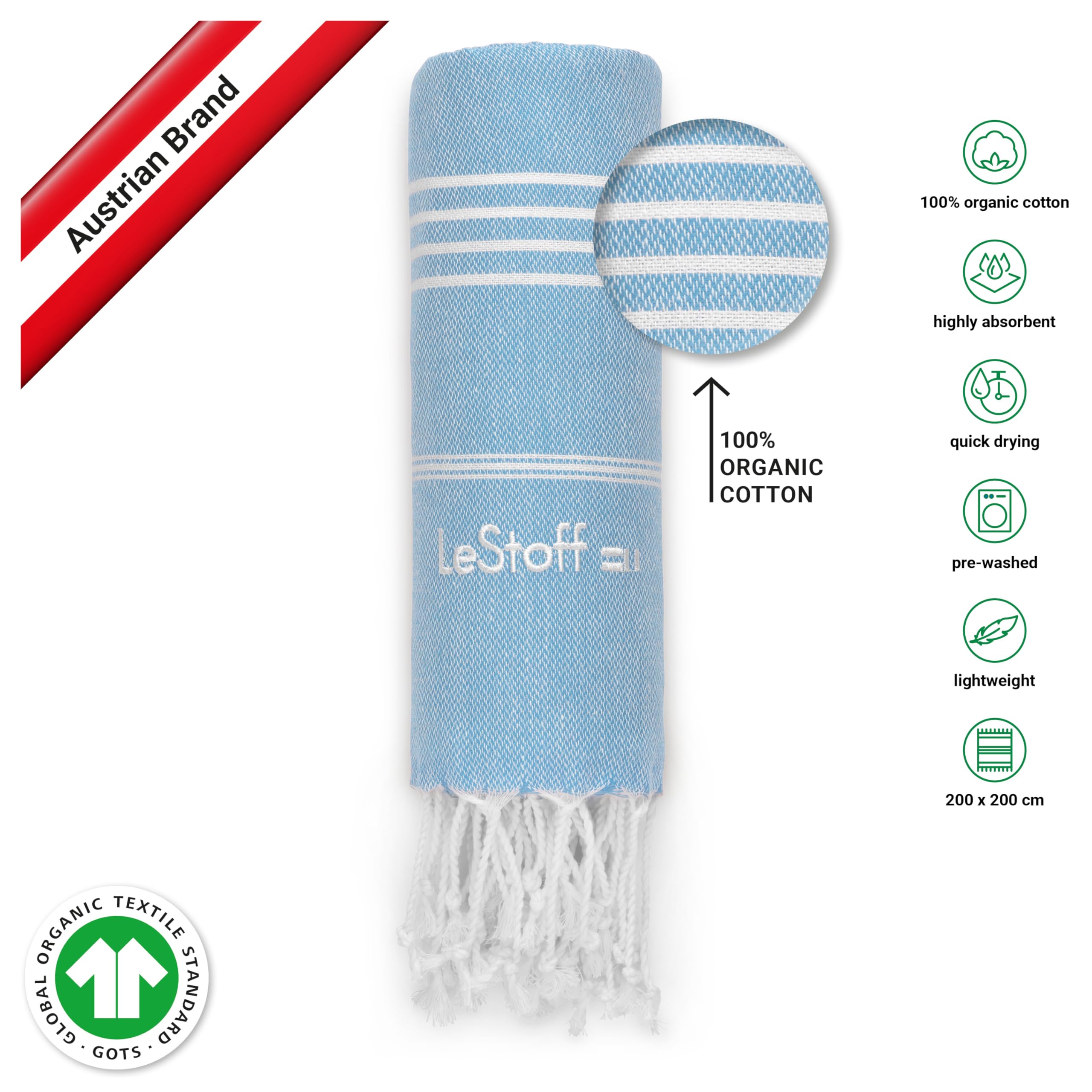 LeStoff Premium Hammam Towel, 100% Organic Cotton, Pre-washed Sustainable Absorbent & Quick-drying, Beach, Bath, Shower, Yoga - Image 3