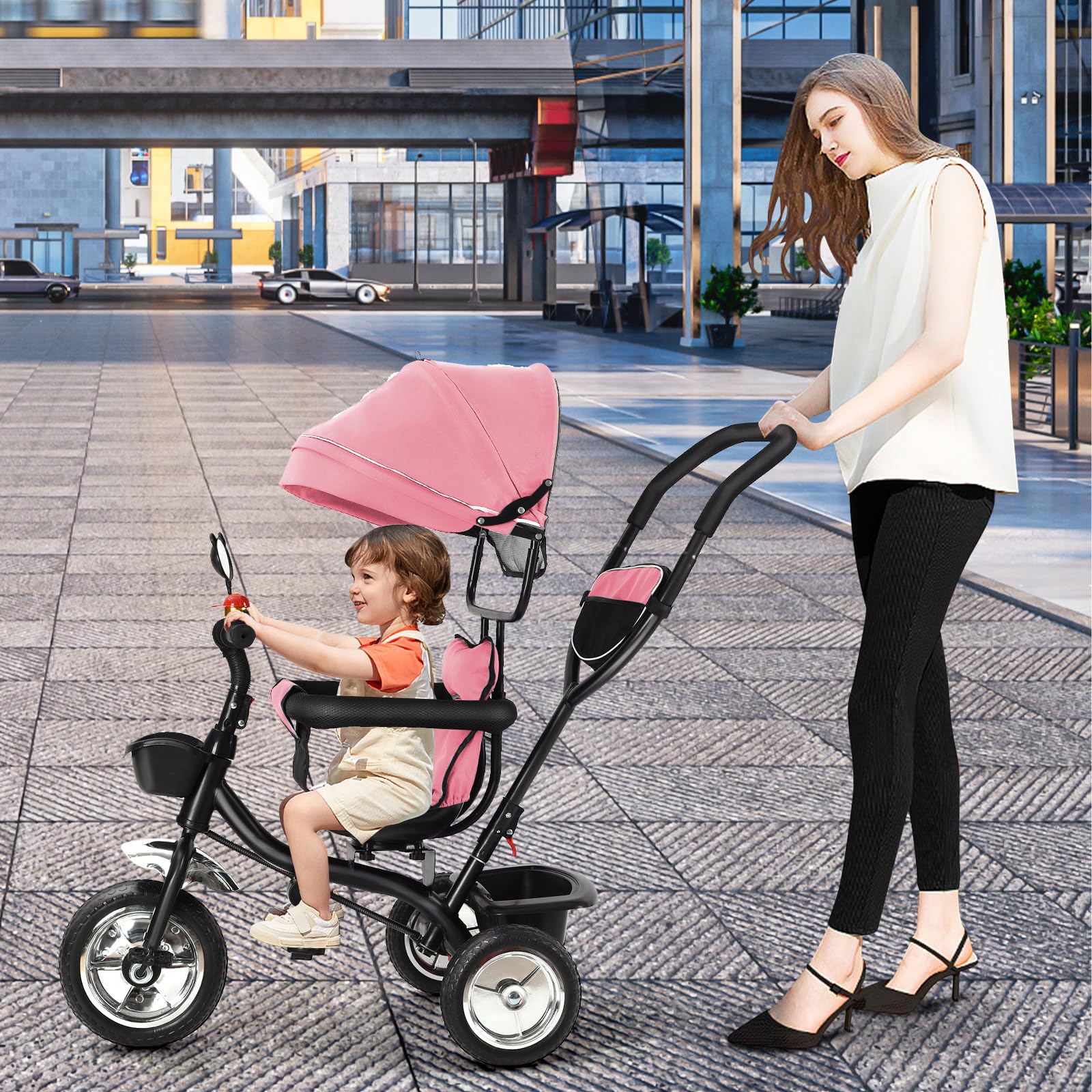 Laufrad Dreirad, Laufräder Kinderdreirad mit schubstange, Dreirad Lauffahrrad für Kinder ab 1 Jahre Jungen Mädchen Geschenk (Rosa-4 in 1)