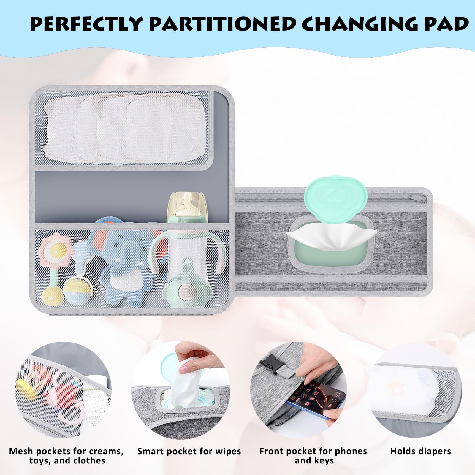 Romon Cambiador Para Viajes Portátil Plegable Gris Impermeable 0-3 Meses Desmontable Con Multiples Compartimentos Para Salidas Y Viajes