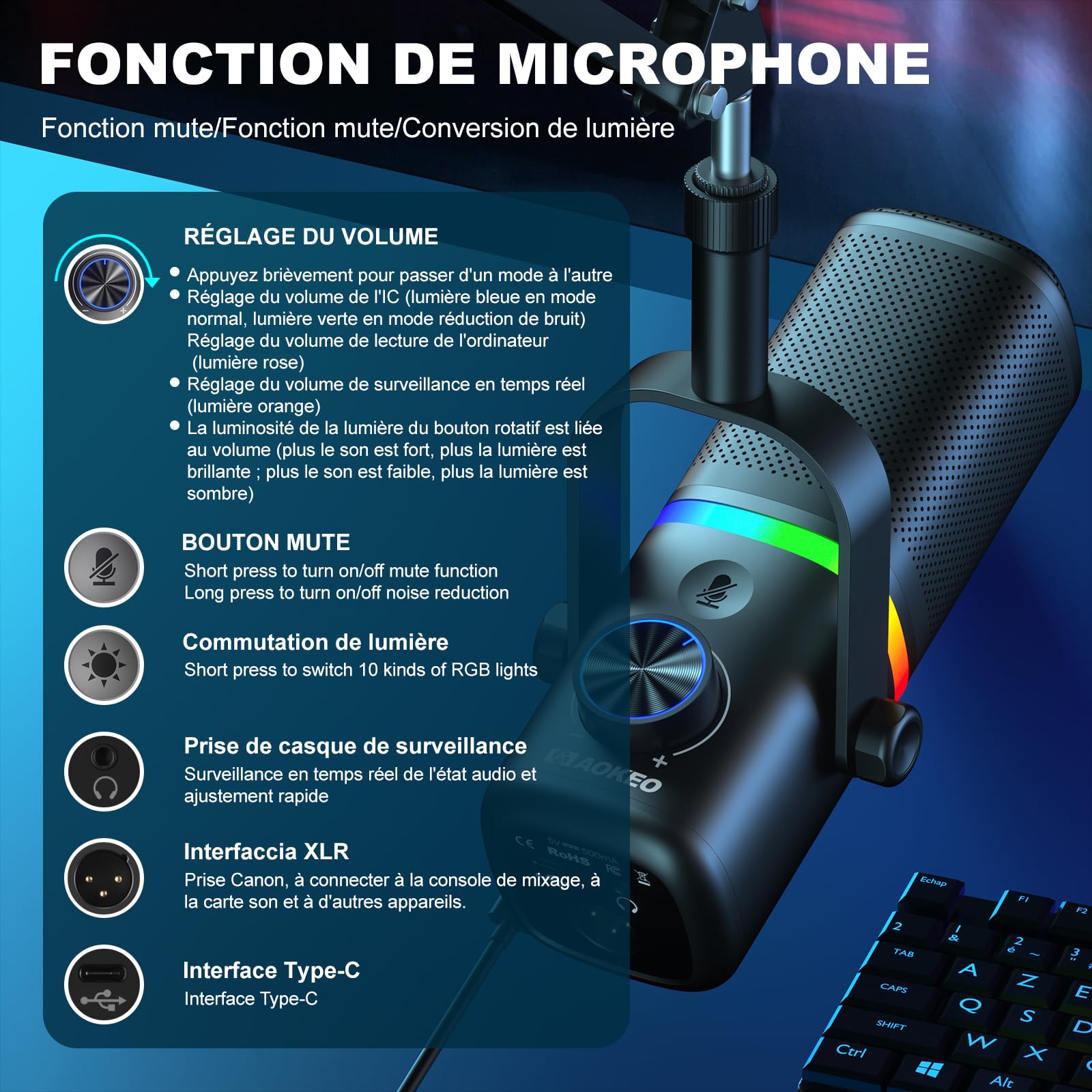 Aokeo AK-10 Microphone de Jeu USB avec Bras Micro, Microphone à condensateur pour PC/Mac/PS4/PS5/téléphone - Micro cardioïde avec éclairage RVB (Blanc)