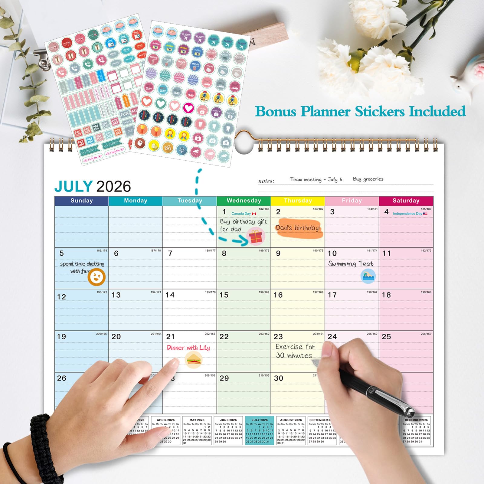 Wandkalender 2026-2027, 18 Monate akademischer Kalender für die Wand, Jun. 2026 - Dez. 2027, 37,8 x 29,8 cm, monatlicher Wandkalender mit dickem Papier für Büro, Zuhause