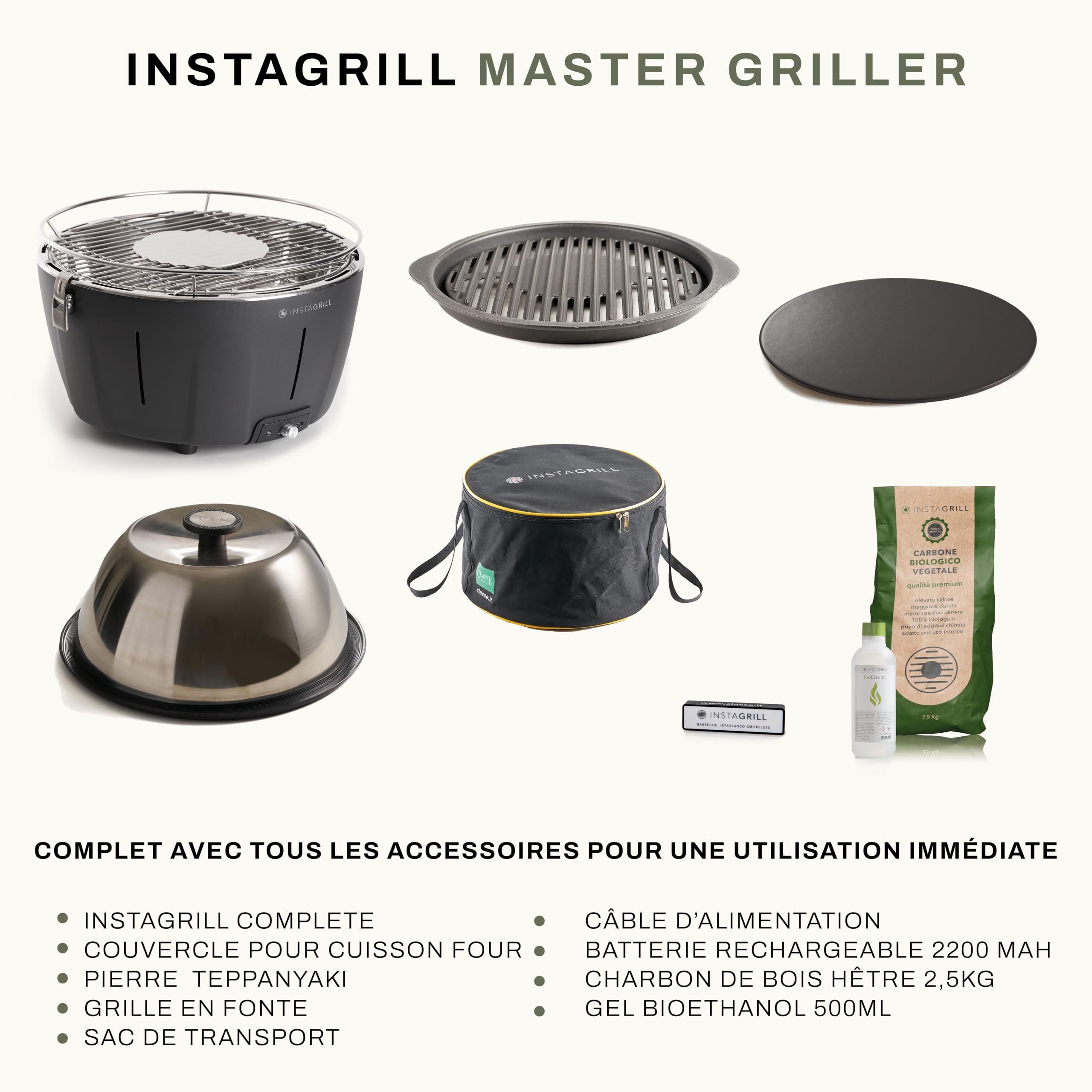 Classe Italy | Barbecue à charbon grille en fonte, couvercle de cuisson four et plaque. Balcon, portable. Batterie rechargeable, charbon et gel pour allumage inclus.