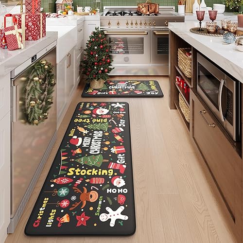 KIMODE Alfombras de cocina de Navidad, tapete de cocina de regalo de árbol de Navidad, antifatiga, antideslizante, juego de 2, tapetes de cocina