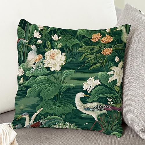 Miniatura 4 de Cojín de cojín de loto verde con grúa de cisne, pájaros, jardín, lirio de agua, ninfaea, floral, cuadrado, chinoiserie, europeo, almohada de 22 x 22