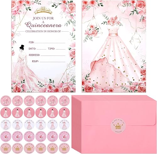 Woanger El kit de 24 invitaciones de quinceañera incluye tarjetas de invitación con sobres y calcomanías, tarjeta de corona de princesa rosa para