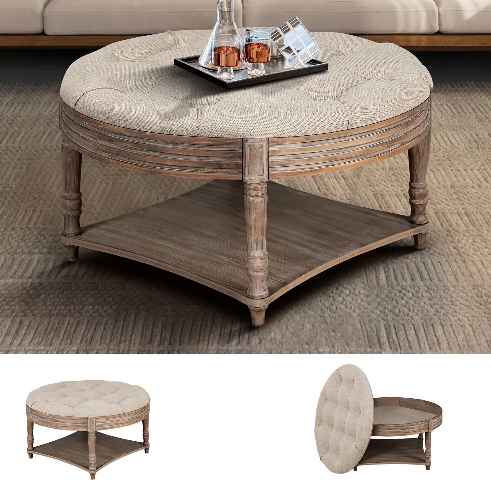 Henf Farmhouse Round Ottoman Coffee Tables for Living Room Office, Khaki Tufted Upholstered Linen Ottoman Centre Table with Storage Shelf and Solid