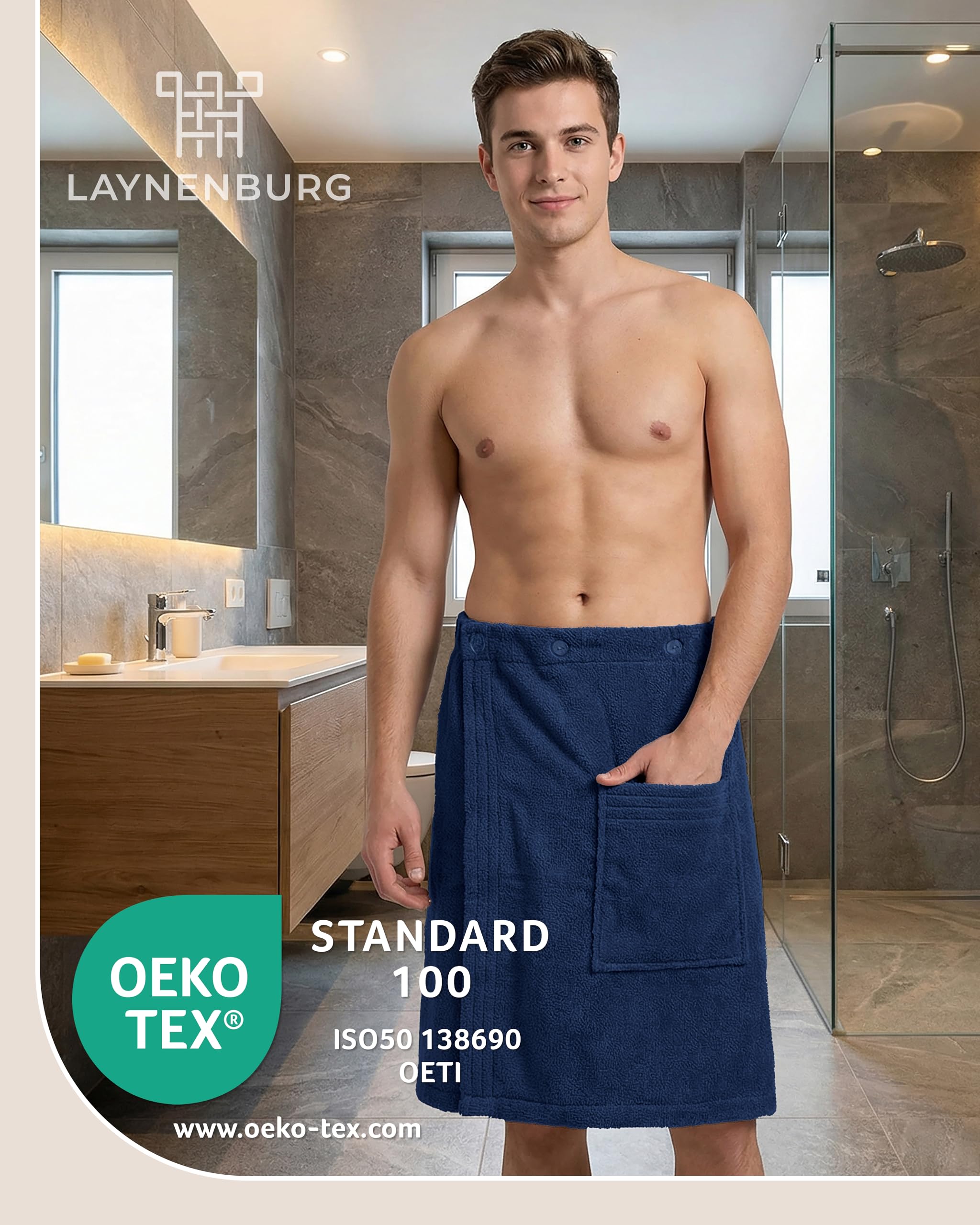 LAYNENBURG Męski kilt do sauny premium z zapięciem na guziki – 100% bawełna – Öko-Tex 100 – męski ręcznik do sauny – frotte, gumowy ściągacz do wellness, spa i sauny (M-XL ciemnoniebieski)