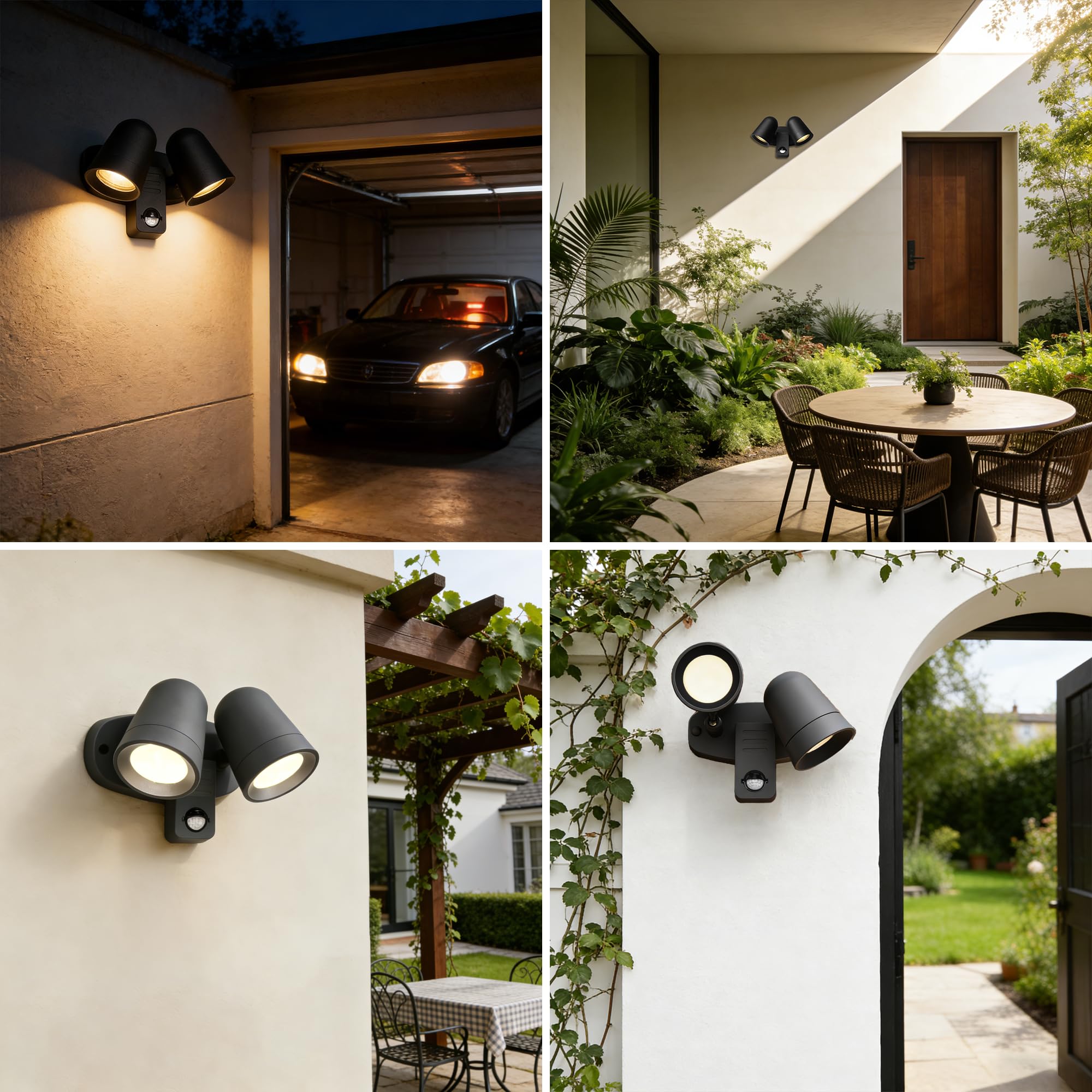 JNR Lampa zewnętrzna LED z czujnikiem ruchu PIR, IP54, wodoszczelna lampa zewnętrzna z czujnikiem ruchu 230 V, podwójny reflektor obracany o 330°, lampa zewnętrzna w zestawie 2 x 5 W GU10 3000 K