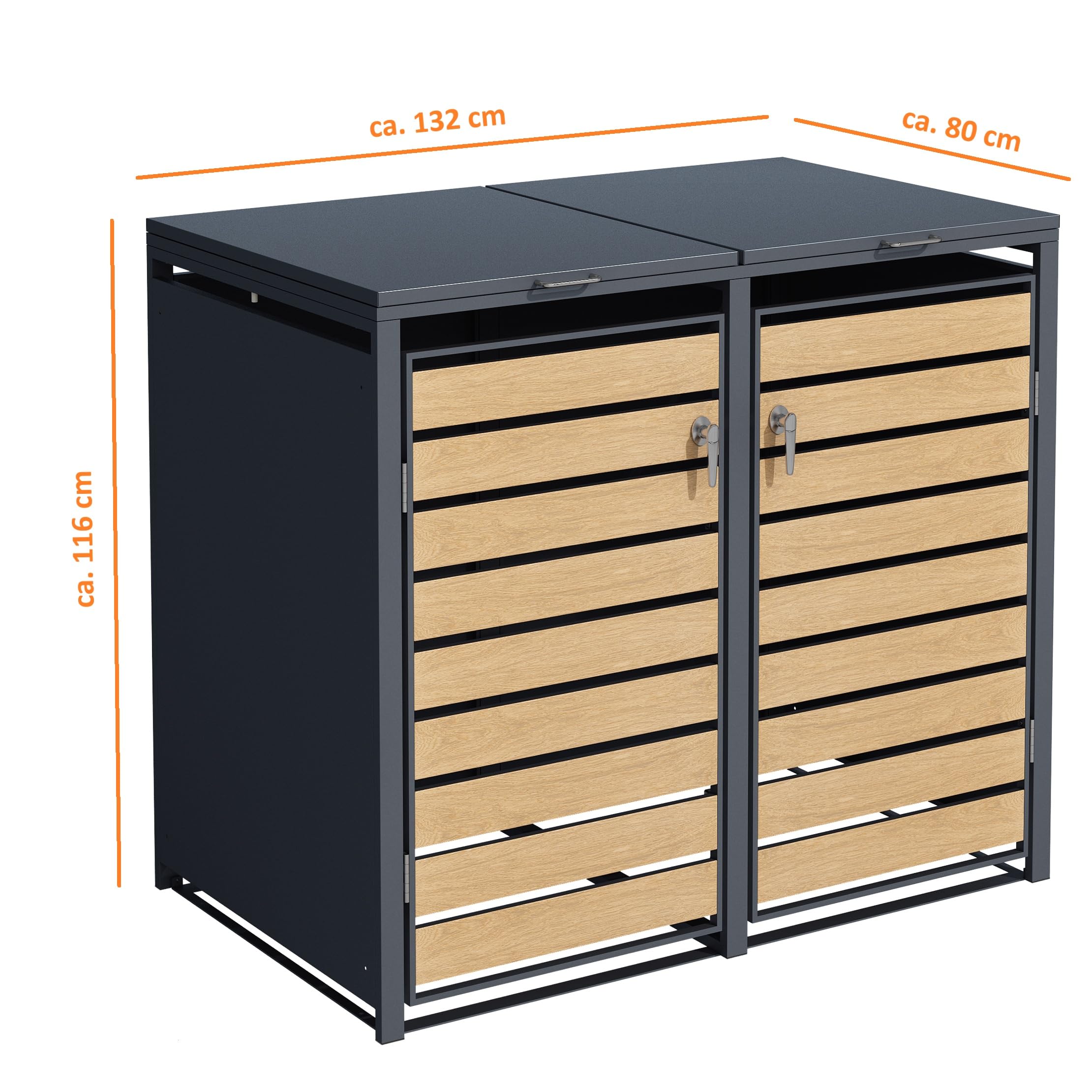 ESTEXO Mülltonnenbox Mülltonnenverkleidung mit Deckel Aufbewahrungsbox Müllbox Anthrazit mit Holzdekor (2 Türen)