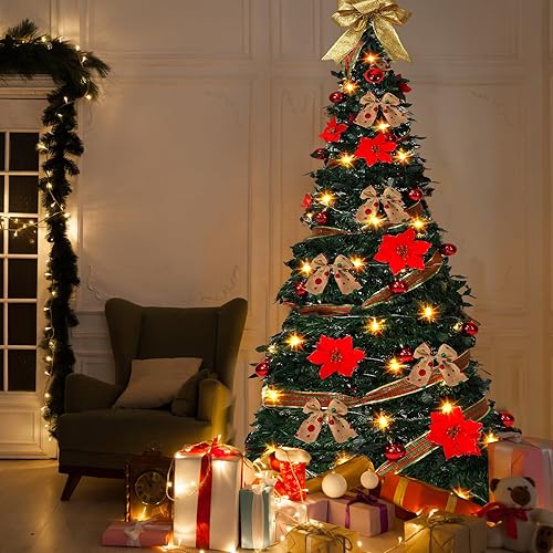 Umigy Árbol de Navidad desplegable de 6 pies con luces, árbol de Navidad plegable con 200 luces cálidas decoradas preiluminado artificial con