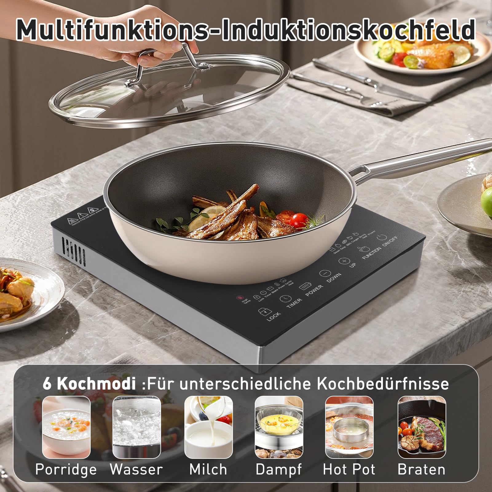 3500W Infrarot-Induktionskochfeld 1 Platte, Elektrische Kochplatte mit Touchsteuerung & Timer, Glaskeramik Kochfeld für Küche, Camping