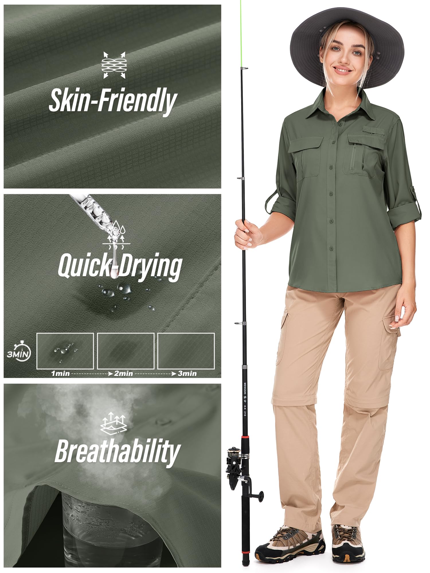 Toumett Camisas de manga larga con protección solar UPF 50 para mujer, safari, pesca, senderismo
