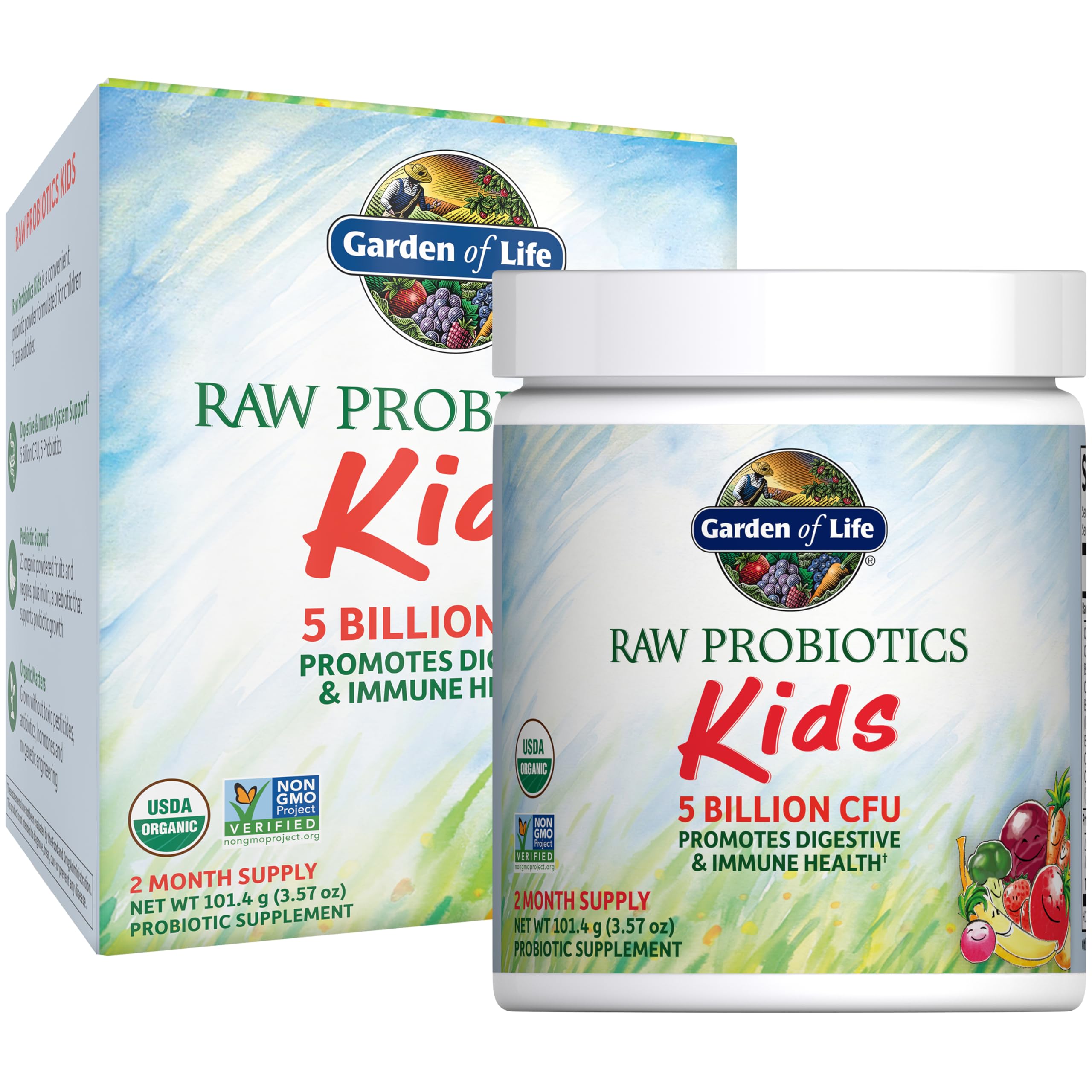 Raw Probiotics Kids - 5 Billion CFU - Whole Food Probiotic for Gut Health & Immune Support - for Children Ages 1 Year & Older - 60 Servings