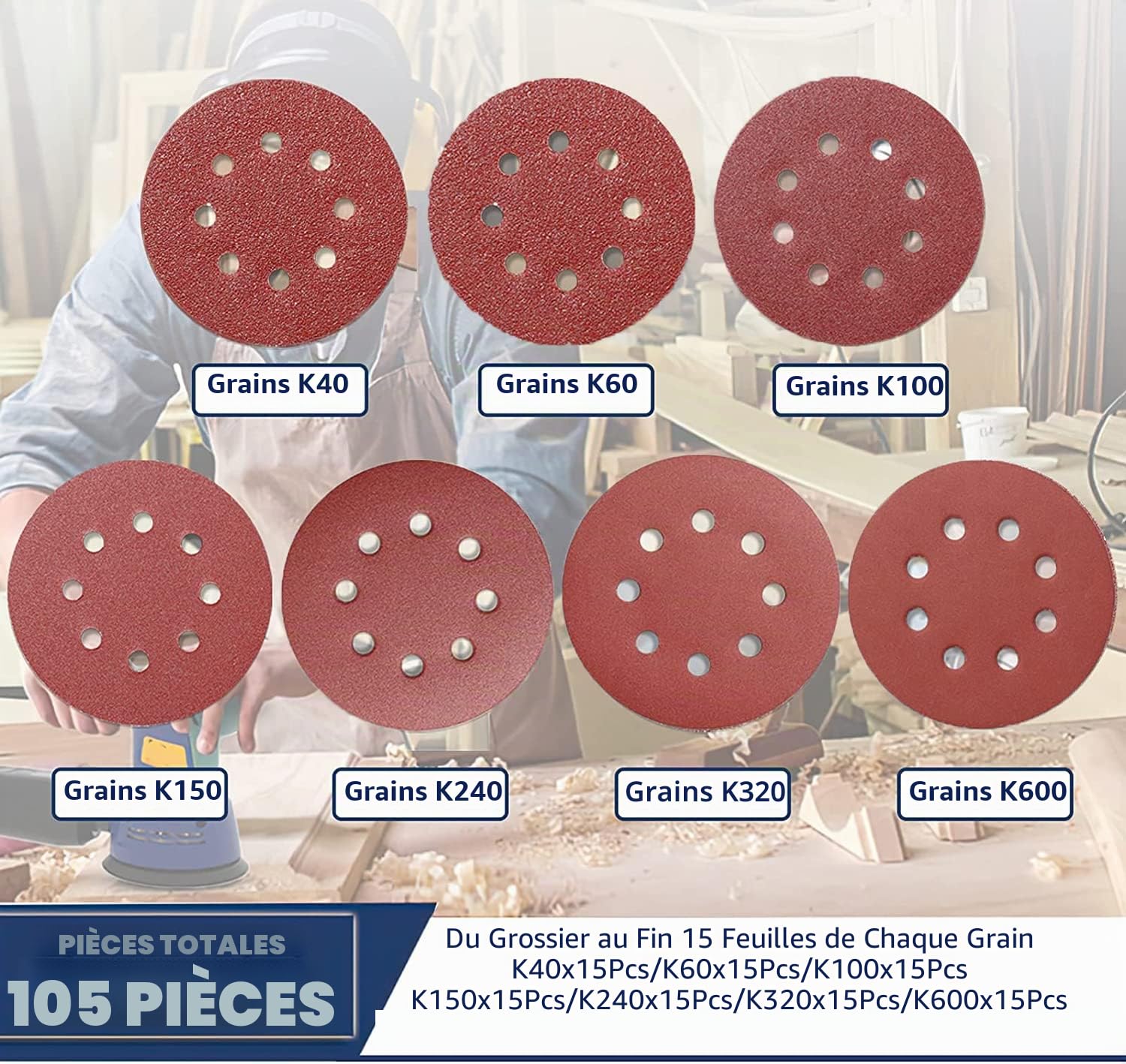 Disque de Ponçage 125mm 105PCS Papier Abrasif 8 Trous Grain 40-600 pour Ponceuse Excentrique