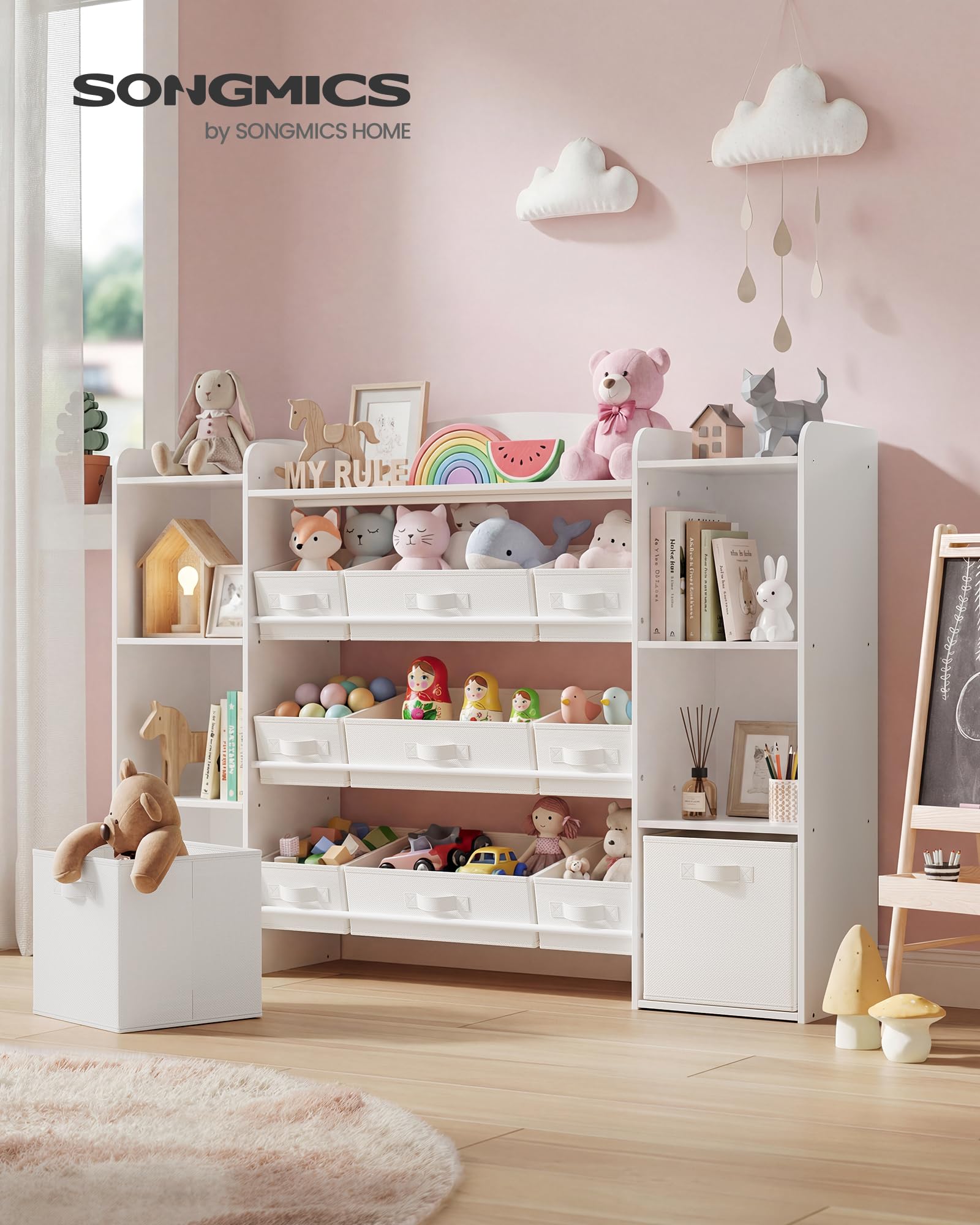 SONGMICS Kinderregal, Spielzeug Aufbewahrung, Spielzeugregal, Montessori Regal, 4 offene Fächer, 9 mittlere und 2 seitliche Boxen, für Kinderzimmer, 30 x 143,8 x 104 cm, wolkenweiß GKR062WB01