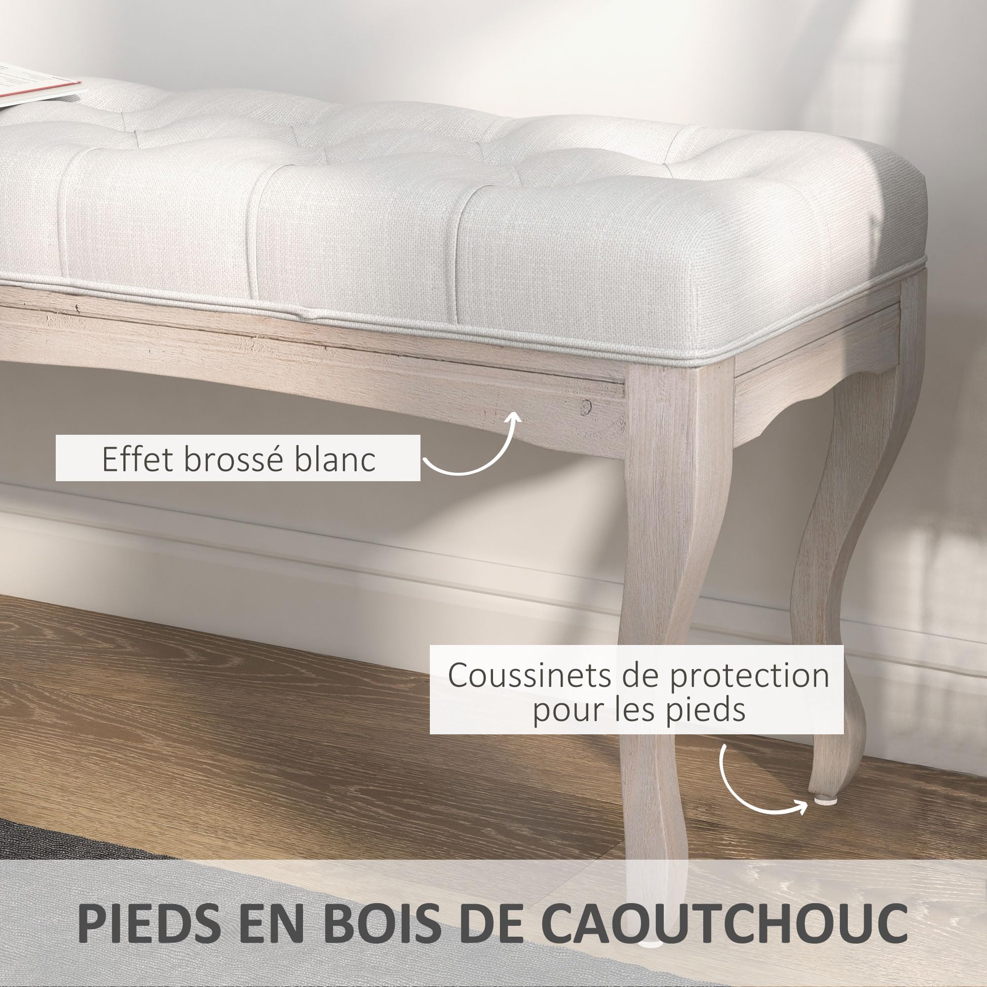 HOMCOM gestoffeerde bank, borstbank, schoenenbank, vintage bedbank, slaapkamer, woonkamer, hal, rubberhout, linnen, beige, 110 x 38 x 49 cm