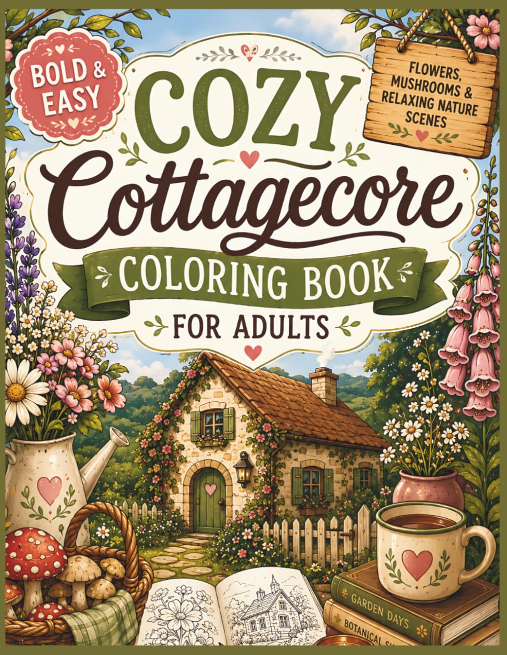 Cozy Cottagecore Coloring Book for Adults: Bold & Easy Cottage & Nature Designs, Flowers, Mushrooms & Relaxing Aesthetic Pages for Stress Relief