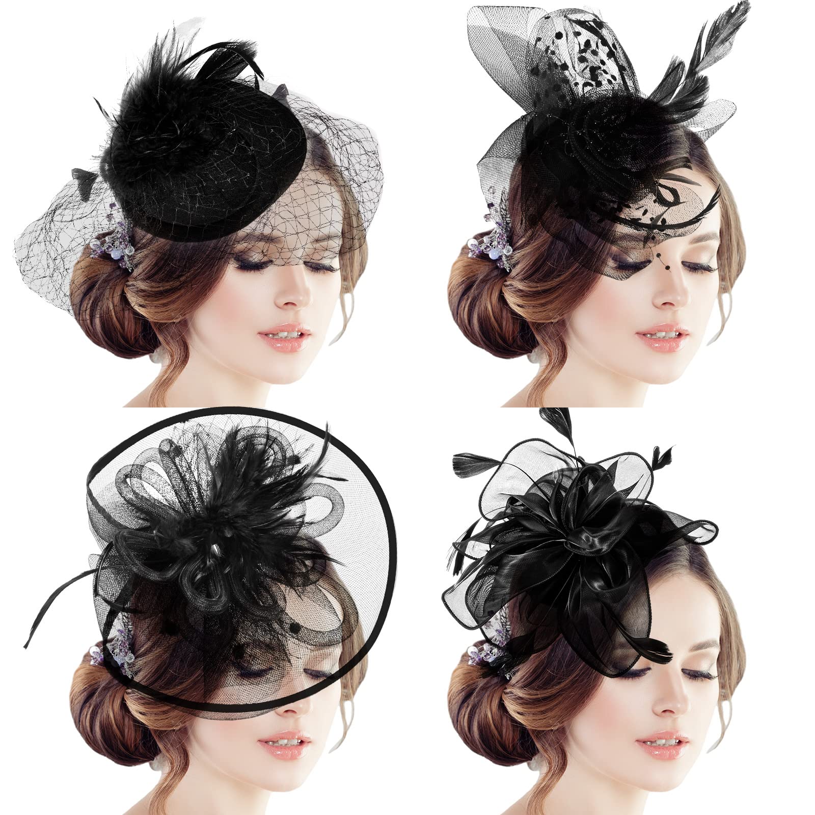 4 Pieces Fascinator Hats for Women Flower Tea Party Headwear Vintage Mesh Ribbon Feather Headband and Clips for Wedding Girls Cocktail, 4 Styles Black