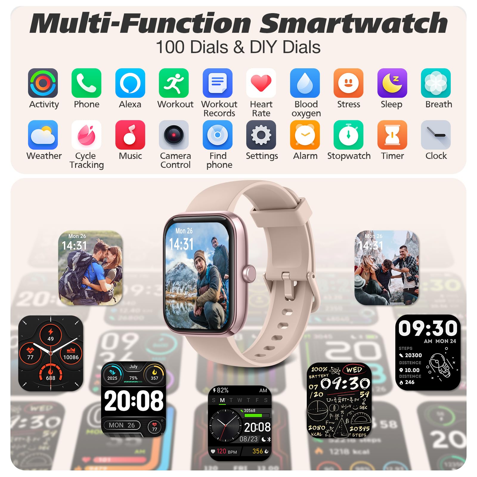 Smart Watch for Men Women with Bluetooth Call,Alexa Built-in Smartwatch,1.8" DIY Dial Fitness Watch with 100+ Sport Mode,IP68 Waterproof Watch Compatible with Android iOS