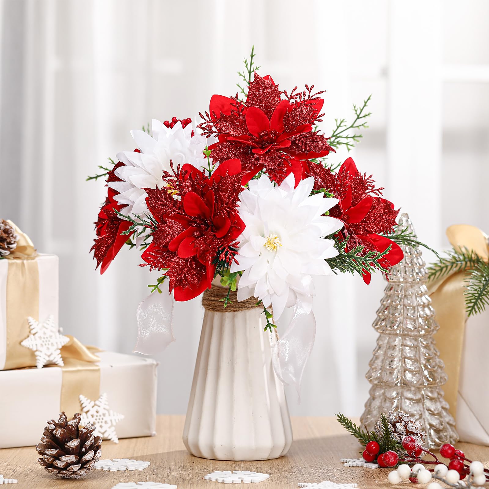 Giegxin Lot de 4 bouquets de poinsettia artificiels en velours synthétique de 35 cm pour décoration de maison, porche