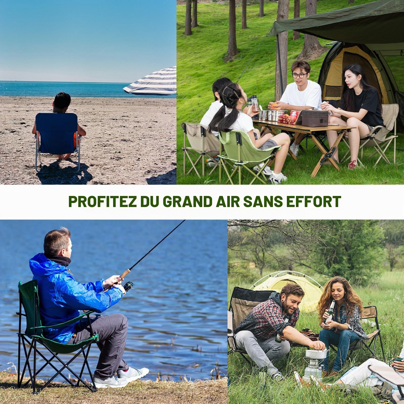 Chaise Camping Adulte Pliable 120kg Noir | Chaise Plage Ultralégère avec Sac de Transport et Poche Latérale pour Randonnée, Pêche, Voyage et Outdoor