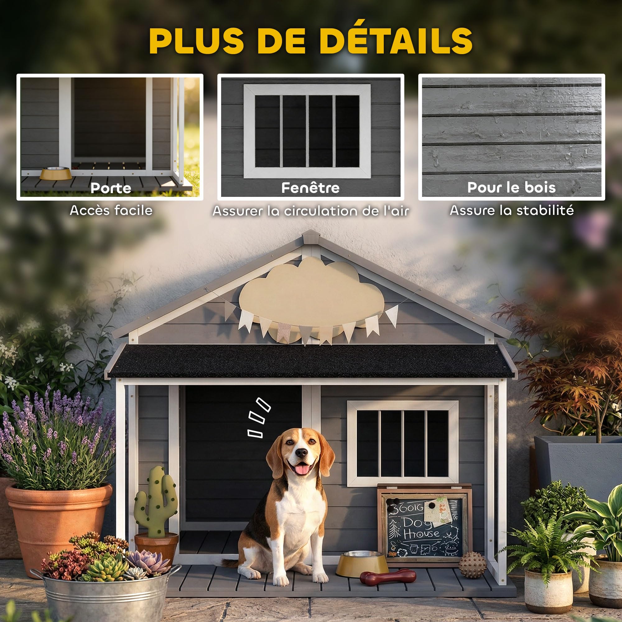 PawHut Niche pour Chien Extérieur Style Cabane en Bois, 124x112x105cm, Grande Niche avec Terrasse et Toit Bitumé Imperméable, Abri pour Chien jusqu'à 24 kg, Gris
