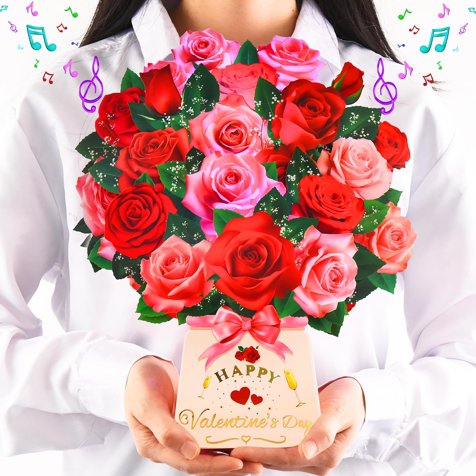 Tarjeta de felicitación desplegable para el día de San Valentín con luz y música, ramo de rosas 3D de papel de 12 pulgadas con sobre, tarjetas de feliz día de San Valentín para esposa, tarjeta