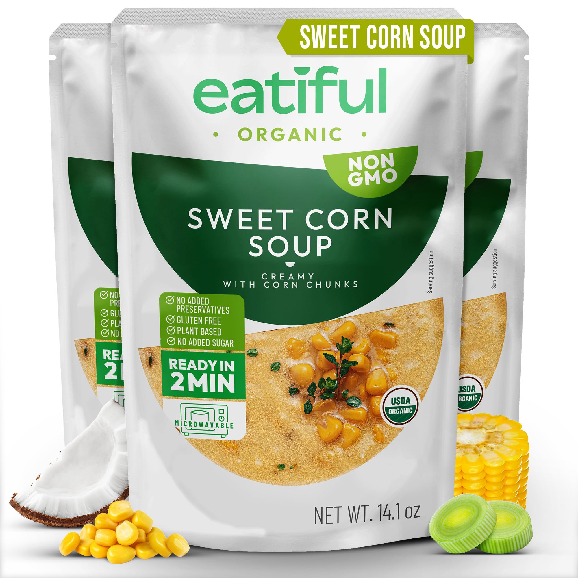 EATIFUL EATIFUL Velouté de Maïs Doux Crémeux avec Morceaux de Maïs, Soupe Prête à Consommer, à Base de Légumes Biologiques, Végétale, Sans Conservateurs Ajoutés, Sans Gluten et OGM, 400g (Lot de 3)