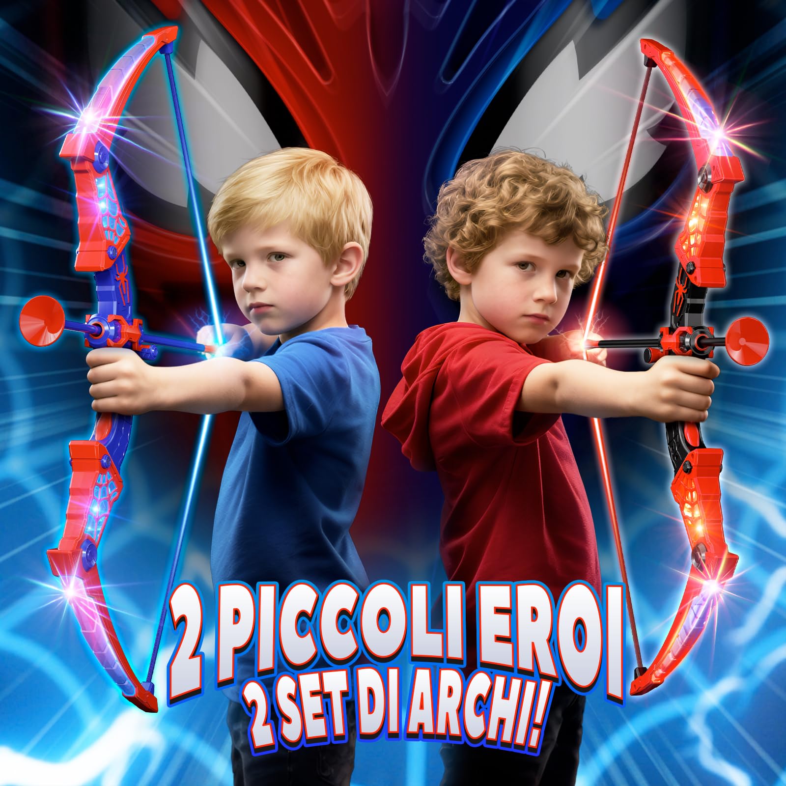 Giocattoli per 3-12 Anni Bambino, 2 Arco e Freccia Ragno con Luci LED Rosse e Blu, Bersaglio a Forma, 2 Ragno Faretre, Gioco Bambino 3-9, Giochi Bambini Regalo Bambino 3 4 5 6 7 8 9 10 Anni Maschio