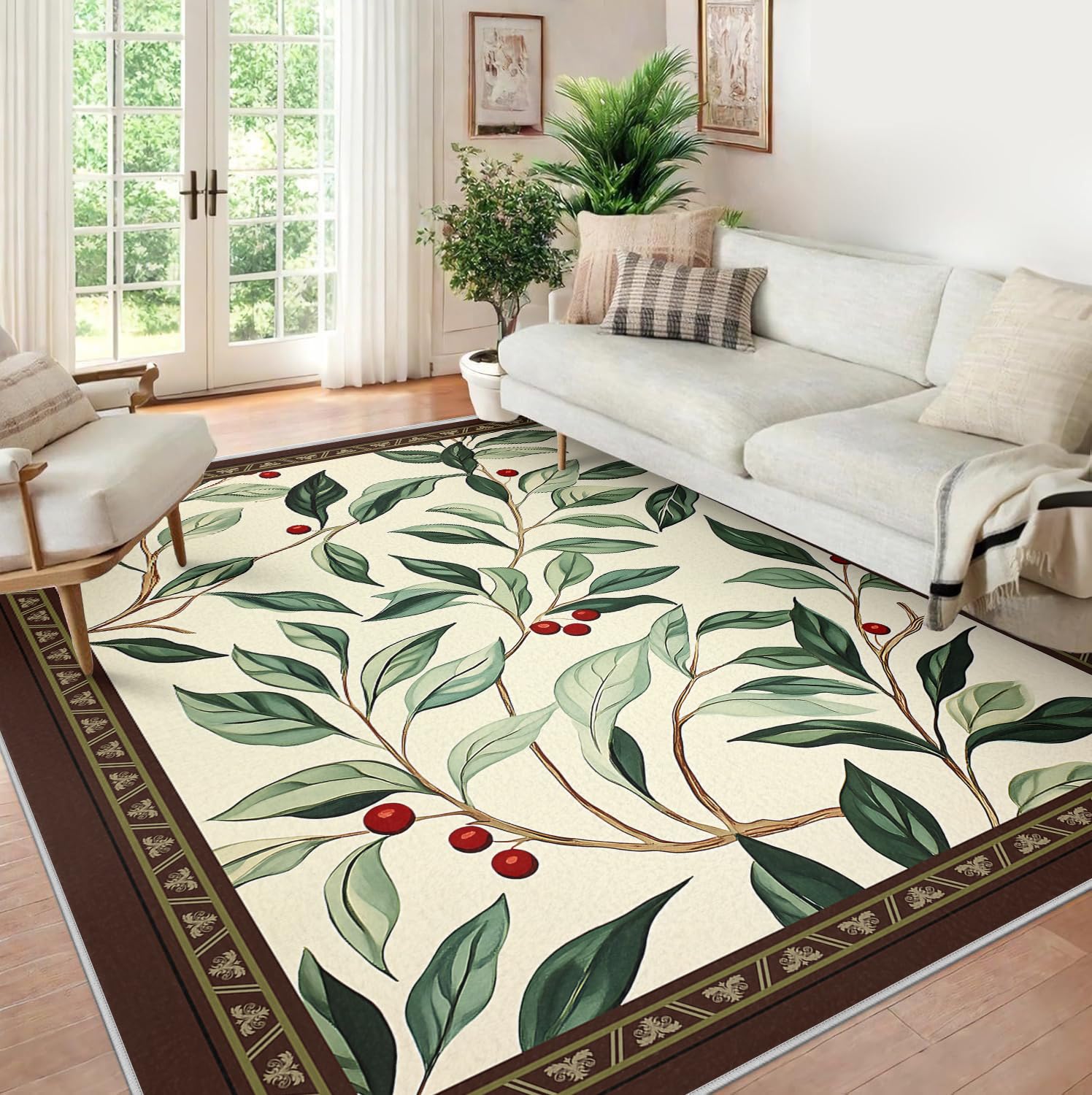 Beżowy dywan do sypialni salonu 160x200cm duży antypoślizgowy dywan z wzorem liści laurowy i czerwone jagody zmywalny niski włos liście laurowy czerwone jagody do nauki jadalni