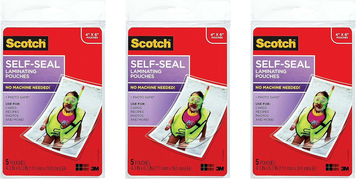 3 Pack of 5 Scotch 4 x 6 Inches Self-Sealing Laminating Pouches