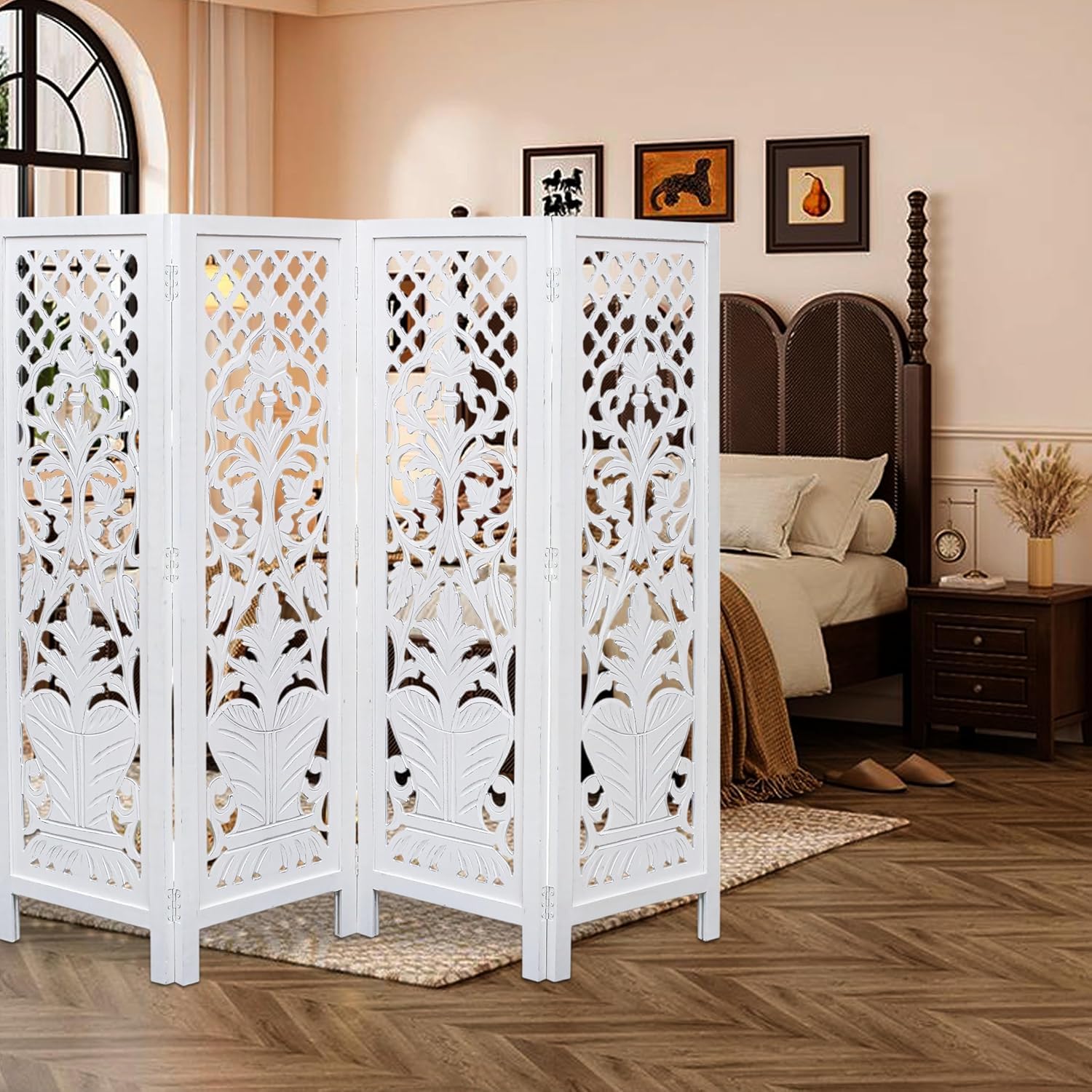Room Divider Wood Screen Panel – White, 4-Panel Folding 64"x54", Hand-Carved, Reversible Privacy Partition, Decorative & Functional Portable Room