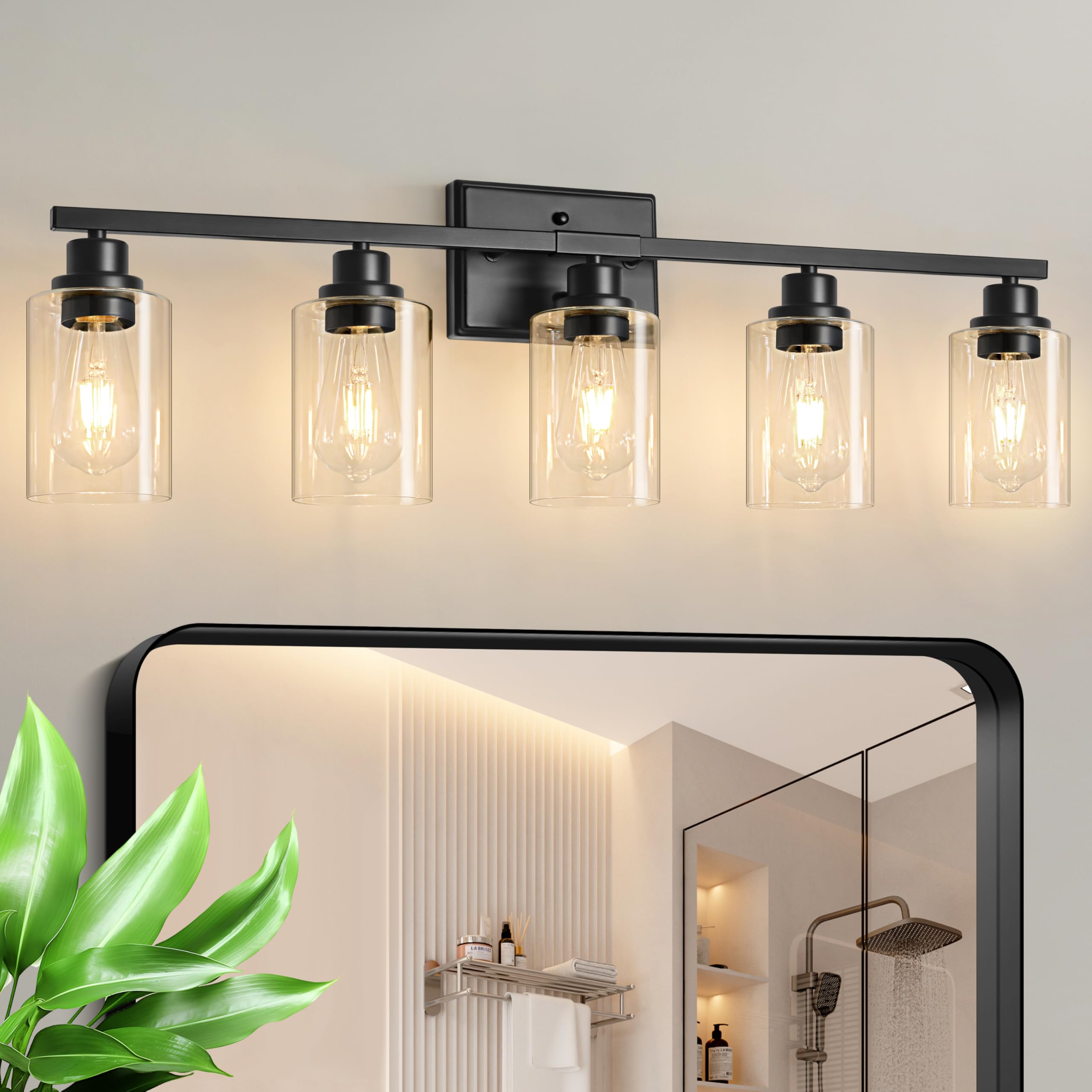 Photo 1 of ** RECOMENDED FOR PARTS/ 2 LIGHRS WON'T FASTEN *** Unicozin Modern Bathroom Light Fixtures, 5 Light Vanity Lights Over Mirror, Black Wall Lamp with Clear Glass for Living Room Cabinet Bedroom Porch
