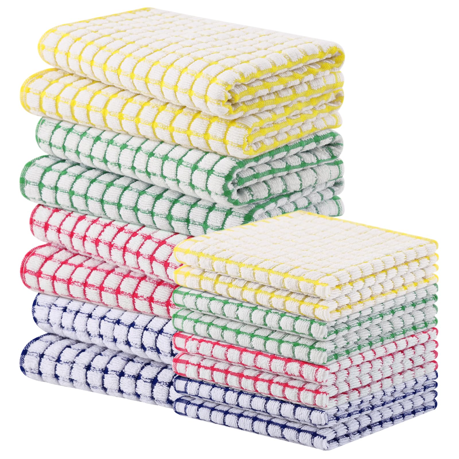 Homaxy Küchentücher und Geschirrtücher, 40,6 x 63,5 cm und 30,5 x 30,5 cm, Set mit 16 Baumwoll-Frottee-Geschirrtüchern, superweiche und saugfähige Geschirrtücher, Blau/Gelb/Rot/Grün