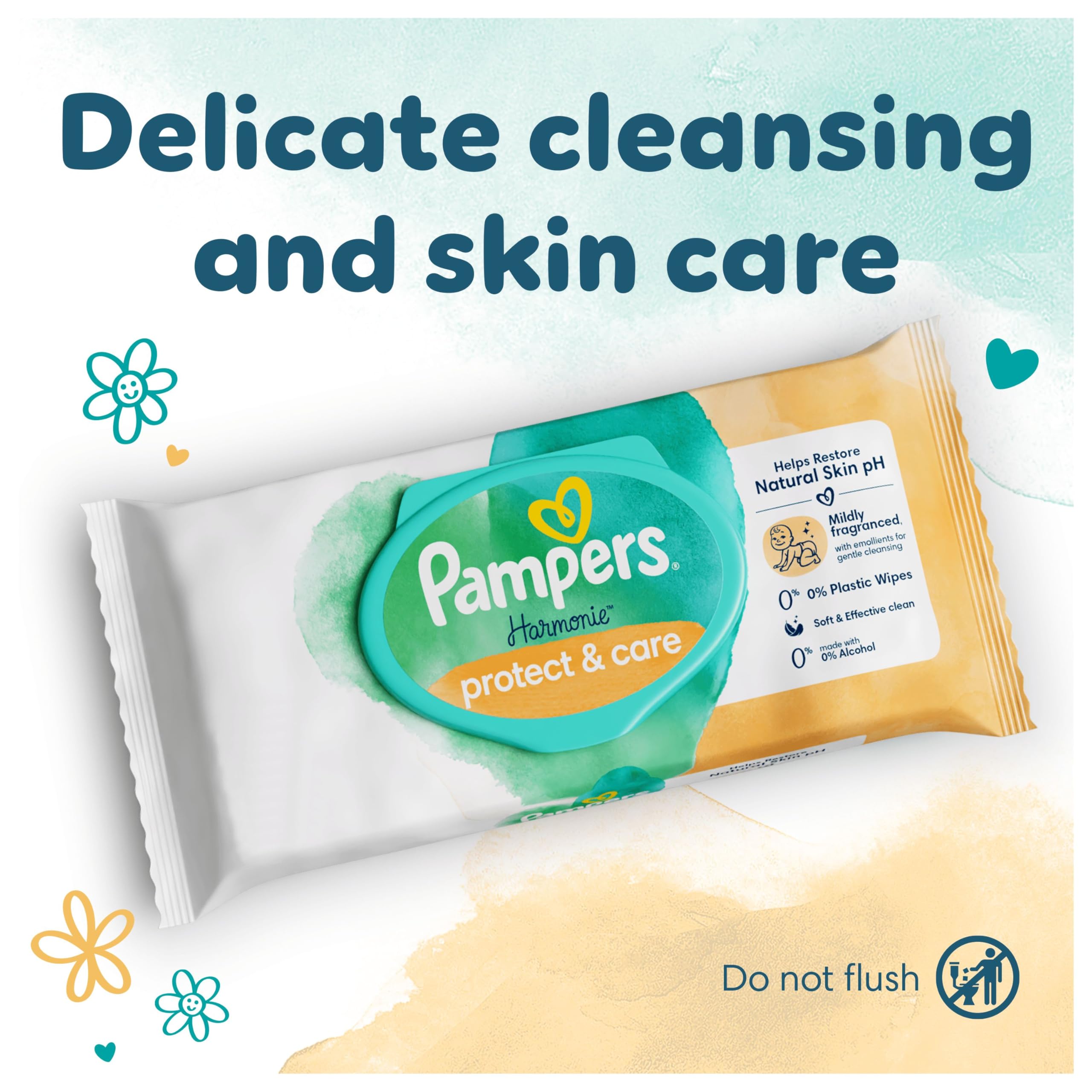 Pampers Harmonie Protect & Care Baby Wipes Plastic Free 9 Packs of 44 Wipes = 396 Baby Wet Wipes, Help restore natural skin pH - 3