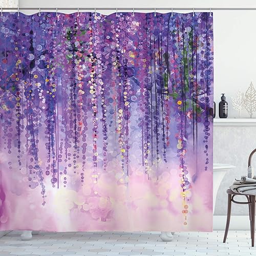 Miniatura 83 de Ambesonne Cortina de ducha amarilla, inspirada en pícnic, temática de los años 50, 60 y 70, estampado de lunares retro, juego de decoración de baño