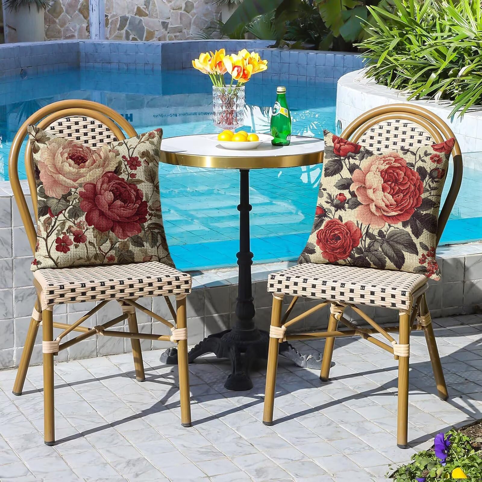 Funda Cojin 55x55 Pack de 4 Rosa Cojines de Exterior Impermeables de Lino, Cuadradas, Decorativas PeoníA para Sofá, Muebles de Jardín, Sofá, Cama Banco, Decoración Rústica, Regalos para Mujeres G9-520